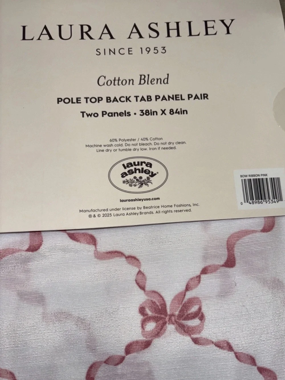 LAURA ASHLEY TRAILING BOW RIBBON PINK WINDOW PANEL PAIR 2 CURTAINS 38” 84”
